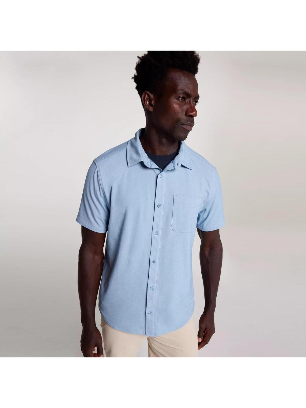 VRST Men's Refined Knit Short Sleeve Button up, Small, Muted Denim Blue